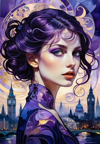 Art nouveau swirls. Silhouette of a young woman, double exposure with a cityscape . Van Gogh's style, purple. London. Iridescent. whimsical intricate patterns with high contrast, surreal digital painting, midnight blue. Purple. Mysterious. Open eyes.