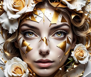 Ultra detailed artistic abstract photography of woman's face (geometrical), golden, white roses, detailed symmetric circular iris, shattered paper fragments, inspired by Alberto Seveso, abstract art style, intricate complex watercolor painting, sharp eyes, digital painting, color explosion, ink drip, mix gold and white colors, Concept art, volumetric lighting, metallic reflections, 8k, concept photography
