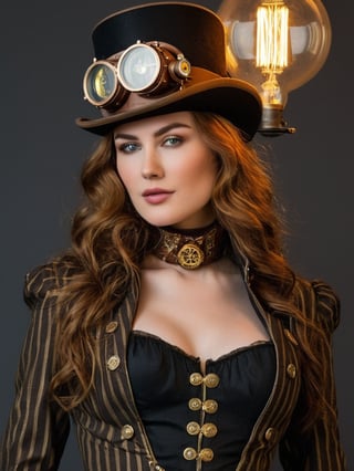 (((A stunning sexy woman in steampunk))) Under the warm glow of bulbs, she dons a top hat with the iconic Gucci stripe, an emblem of timeless luxury at the crossroads of worlds. Her gaze is as captivating as the golden age she evokes, framed by the soft curls and the gleam of brass goggles that whisper tales of airship adventures. With each button and stripe, she crafts a narrative of elegance, a blend of the high fashion runways and the industrial revolution. This is the portrait of a steampunk muse, a siren song to the romantics and the rebels, a blend of history, fantasy, and unapologetic sophistication. Step into the light, where the past is reimagined and every detail tells a story of daring dreams and defiant grace. 