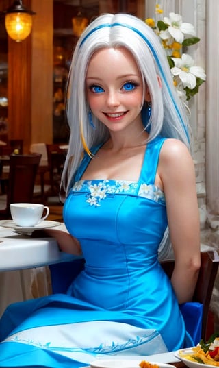 vibrant colors, woman,((medium breast)), masterpiece, sharp focus, best quality, depth of field, cinematic lighting, white hair, blue eyes, bright smile, blue and white flowers, blue luxurious dress, blue and white theme, red eyes, yellow hair, very long hair, cafe, indoors, setting, food, from above, smiling, casual clothes,