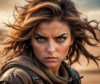 Wide portrait, close up scale, cute girl, Mad Max style, warm colors, photoreal, intricate details, wind blowing the hair sideways (((covering half of her face))), professional concept photography,