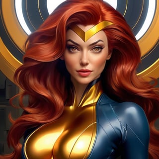 sexy model woman as Jean Grey in Jean-Leon, science fiction, intricate, elegant, highly detailed, digital painting, artstation, concept art, matte, sharp focus, illustration, art by Artgerm and Greg Rutkowski and Alphonse Mucha