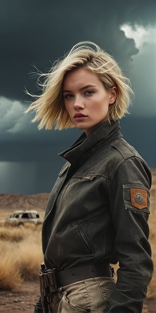 set in the (year 2085),  blonde girl with short hair, detailed desolate post-apocalyptic future background, warm, windy, harmful atmosphere, menacing skies, photography by (TJ Drysdale)