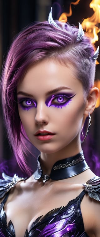 (1girl)), ((solo)), ((short hair, violet hair with silver highlights)), ((gradient hair)), violet eyes, (((purple warpaint, tribal facepaint))), small breasts, full lips, pouty lips, (face focus:1.8), (black wings:1.6), (wearing black and violet combat bodysuit), (large black angel wings, huge feathered wings), dark angel, archangel, violet aura, purple aura, (close-up portrait, headshot), confident, determined glare, (purple lightning, fire mage, violet flames, purple flames), ornate embellished clothing, full moon background, portrait angle, at night, library, dark library, cyberpunk, photorealistic, beautiful detailed eyes, glowing eyes, lighting inside iris, realistic, 3d face, lustrous skin,
