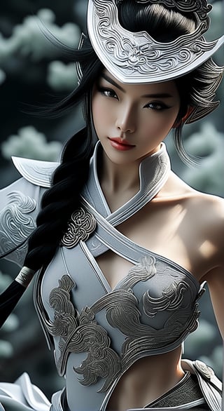 Chinese swordsman, warrior girl, in the style of editorial illustrations, 32k uhd, monochromatic artworks, white and gray, detailed portraits, loish, fantastical,Cinematic 