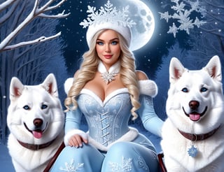 Beautiful, snowwoman, hat, beautiful eyes, coloring, in the snowy forest, MMA sleigh with dogs, frost flowers, old winter boots, unique, clear moon, magical lights, glowing, intricate details, digital painting, digital art, 8k

