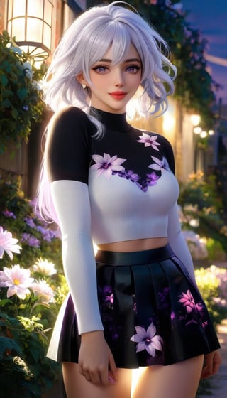 realistic, 1girl, white hair, purple eyes, glowing eyes, crop top, skirt, parted lips, blush, night, flowers, sun, sunlight