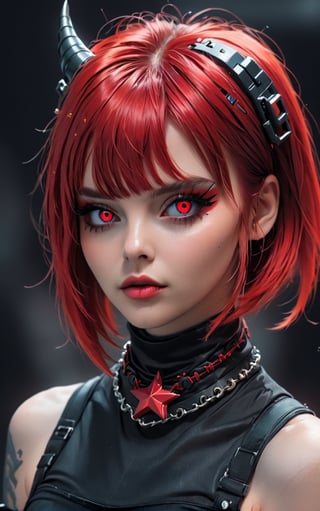 score_9, score_8_up, score_7_up, kyuyongeom, metal horns, 1girl, solo, portrait, cyberpunk cyborg, hair covering one eye, twintails chin-length hair, scarlet red hair,welding seams, black choker with [red ruby gem : soviet red star:0.3],, ,trending on dribbble, ad, aesthetics, aesthetic, pv,
