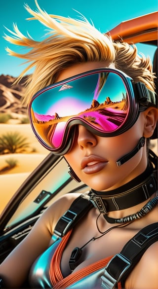 female character wearing goggles while sitting in the desert, in the style of cyberpunk imagery, realistic hyper-detailed portraits, womancore, metallic accents, outrun, hyper-realistic pop, angelcore