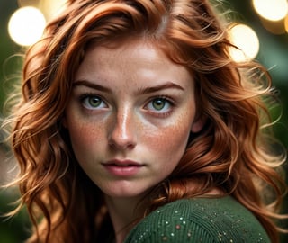 A realistic portrait of an Irish girl with wavy red hair and (((freckled face))), delicate features, textured skin, realistic features, skin pores, imperfect skin, shot with a Canon 1DX Mark iii, 50mm lens, bokeh, sharp focus, professional photography, warm lighting, soft lights, realistic dark green eyes, perfect close up composition, Living room as background
