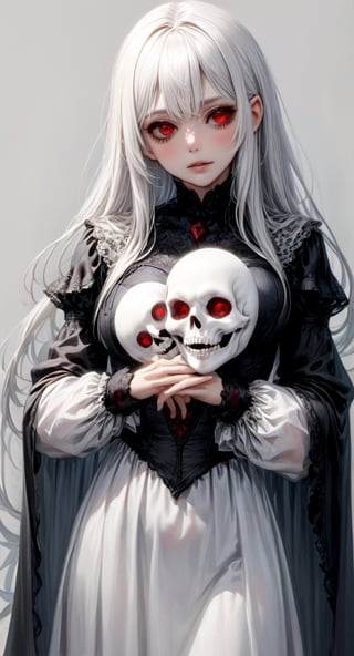 (Hand holding mask：1.5), (White-haired ghost, straight hair, Red eyes), (gothic art), (Fear：1.5), (correct human anatomy：1.37）