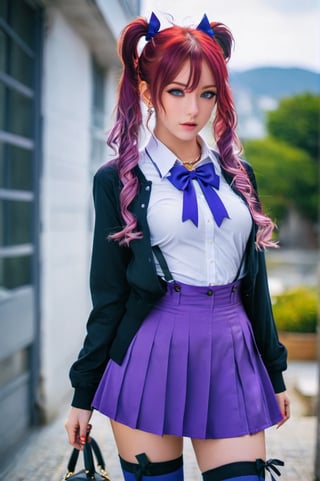 vibrant colors, sexy woman, masterpiece, sharp focus, best quality, depth of field, cinematic lighting, purple hair, yellow eyes, jewelry, outdoors, earrings, covered navel, building, high-waist skirt, black coat, long sleeves, purple shirt, purple skirt, more more jump! miku, , , Yuniko Kouzuki, red hair, red eyes, parted bangs, forehead, twintails, freckles, blue ribbon, hair ribbon, collared shirt, suspenders, blue skirt, socks
