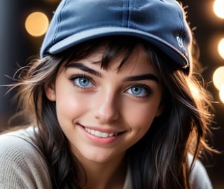 hyper realistic selfie portrait of a teen girl, messy black hair (backwards cap), shy smile (wearing braces), dimples, chapped lips, thick eyebrows, textured skin, realistic features, skin pores, imperfect skin, mimic a 85mm lens Sony Lens, f3. 6, bokeh, sharp focus, professional photography, warm lighting, soft lights, realistic dark blue eyes, asymmetrical framing, matte photo, sharp focus, set a messy bedroom as background
