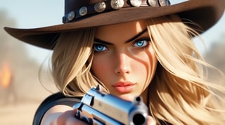 1 girl, alone, long hair, looking at viewer, blue eyes, blonde hair, hat, holding gun, upper body, weapon, individual focus, holding gun, blurred, lips, gun, depth of field, blurred background , holding a gun, gun pointing at the camera, freckles, realistic, cowboy hat, revolver, aiming, aiming at viewer