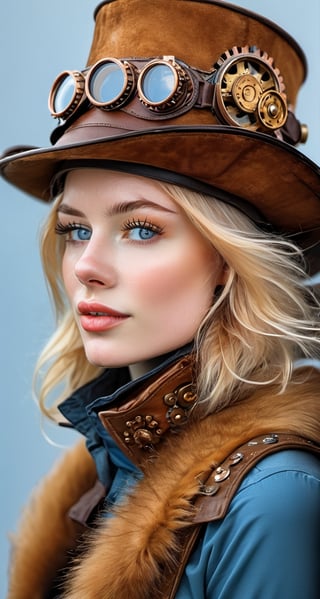 A photorealistic headshot of a young woman with superpale skin, her head adorned with a large, luxurious brown fur hat modified with intricate brass gears and goggles perched atop. Her matching fur arm warmers are accented with copper rivets and buckles. Her piercing blue eyes stare confidently from beneath her hat. The background is a warm, textured copper. * **Emphasis:** Integrate steampunk elements into the hat and arm warmers. Choose a textured background like copper or aged wood.