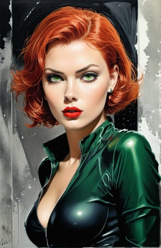 Green eyes, TANNED skin, Red lips, redhead short hair Black widow, ART noite BY Guido Crepax
