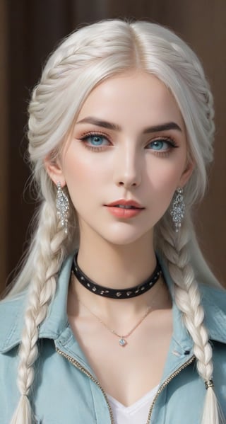 Generate hyper realistic image of a woman with long white hair, twin braids cascading down her shoulders. She gazes at the viewer with aqua eyes, a gentle smile gracing her lips. She wears a jacket and belt, her upper body slightly blurry against the indoor background. Adorned with earrings and a choker, she holds a cup, her head tilted inquisitively. Subtle black makeup and an ear piercing add to her unique charm.
