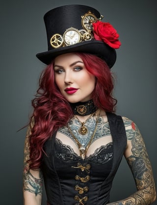 (((Steampunk lady sexy))) A visage of Victorian charm fused with punk spirit.  Her top hat, adorned with timepieces and scarlet blooms, whispers tales of adventure in hushed tones of brass and velvet. Her eyes, bright with mischief, beckon you to secrets veiled beneath curls of amethyst. The medley of intricate tattoos, like a canvas of personal mythology, each inked etching a symbol of the bold and the rebellious. The allure of the bygone entwined with the pulse of the now. She's not just a figure in the frame, but a story unfolding with each mechanical heartbeat