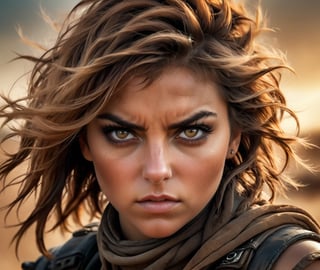 Wide portrait, close up scale, cute girl, Mad Max style, warm colors, photoreal, intricate details, wind blowing the hair sideways (covering half of her face), professional concept photography
