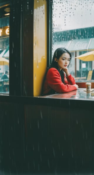  wide angle polaroid photo of a asian woman inside a cafe through a window. many raindrops on the window and very strong reflections on the window. she look far outside blankly. calm nostalgic atmosphere. film grain. kodak portra 800 film.