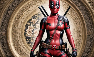 Sexy girl deadpool,  physical art, maximalism, traditional, antique,