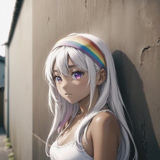 Girl with long wavy white hair, rainbow
eyes, brown skin, rainbow headband
on head, looking at a wall, anime-style
emotive
landscapes, shot with Fujicolor C200
film colors 35mm, Award-
winning professional shot,MikieHara