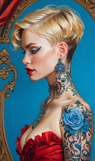 Artgerm and Rubens inspired painting of a super Victorian Cara Mason, super short blonde pixie cut coiffure with ebony razor shaved sides and whimsical curls, her back adorned with mantra-scripted blue tattoo, blue lit grey eyes shimmering with wisdom, in a sexy red Victorian dress that beautifully contours her figure, delicate earrings designed to mirror the tattoo motif, high heels accentuating her stance, the sumptuous grace of her 35 years encapsulated in her confident poise