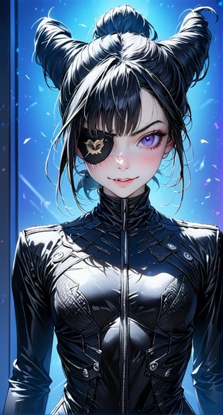 Juri , black hair,two-tone hair, hair horns, purple eyes, eyepatch, bodysuit, clothing cutout, standing, upper body, evil smile, night club,(insanely detailed, beautiful detailed face,beautiful detailed eyes, masterpiece, best quality) , solo, dinamic poses, shinning eyes,dal-1