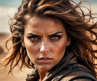 Wide portrait, close up scale, woman, Mad Max style, warm colors, photoreal, intricate details, wind blowing the hair sideways (covering half of her face), professional concept photography
