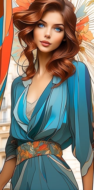 French woman, chestnut hair, blue eyes, modern Parisian outfit with asymmetrical lines, colorful fabric, Alphonse Mucha style