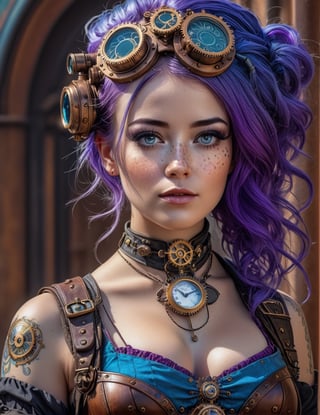 Full Body Portrait of a steampunk woman, Blue purple hair, (((freckles))), ultra hd, realistic, vivid colors, highly detailed, UHD drawing, pen and ink, perfect composition, beautiful detailed intricate insanely detailed octane render trending on artstation, 8k artistic photography, photorealistic concept art, soft natural volumetric cinematic perfect light

,steampunk style