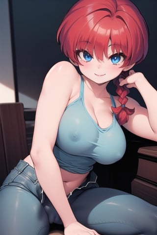 Ranma 
all naked girl blue eyes red hair smile big breasts with her legs open touching her vagina with  one a braid 