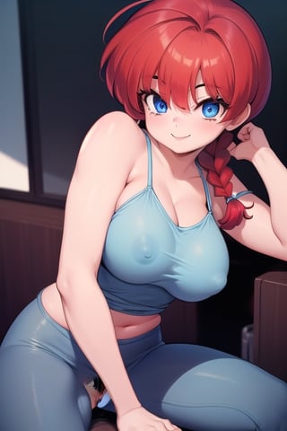 Ranma 
all naked girl blue eyes red hair smile big breasts with her legs open touching her vagina with  one a braid with pubic hair