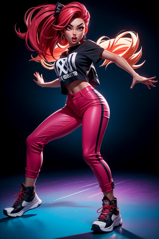 Red hair, 1girl, dancing, streetwear clothing, ((night club, crowded)) ,3DMM, dynamic pose