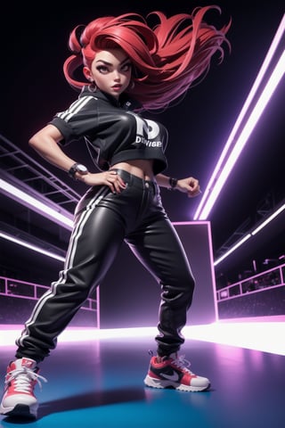 Red hair, 1girl, dancing, streetwear clothing, ((night club, crowded)) ,3DMM, dynamic pose