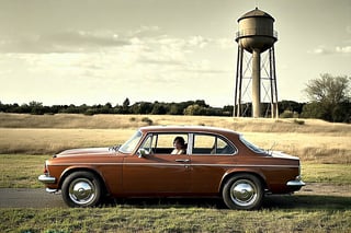 The photo is a limited edition print that captures a scene of a vintage car parked in a lot with a water tower in the background. The style of the photo is reminiscent of a bygone era, possibly the 1970s or 1980s, given the design of the car and the overall aesthetic of the scene. The color palette is muted, with a focus on earthy tones, and the composition is balanced with the car positioned centrally. The sky is painted with a dramatic, cloudy texture, adding to the nostalgic and contemplative mood of the image. The person in the photo is not visible, which adds an element of mystery and intrigue to the composition. The overall impression is one of solitude and reflection, with a touch of melancholy.