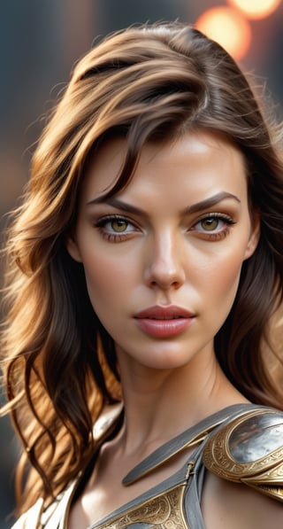 ultra realistic photo of a woman that look like a mix of angelina jolie,milla jovovich,olga kurylenko & scarlet johansson, as a heavenly warrior,
 3d body art, dark hair, hot eyes, highly detailed cinematic portrait,HDR,8K,4K,REDSHIFT RENDERER BY MAXON
,tshirt design