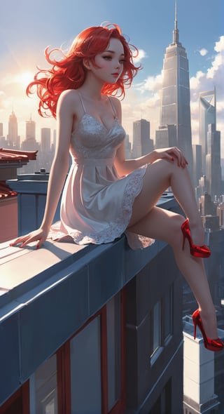 a woman sitting on top of a tall building, pixiv, fully clothed. painting of sexy, pale red, thick legs, high detail photo, on rooftop, loli in dress, artgerm and genzoman, extremely high detail!!, over detailed art, in the yard, red head, guweiz masterpiece, unknown title, hot with shining sun
