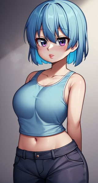  The image is a digital illustration of a female character with a blue hair, wearing a light blue tank top, and glowing with a purple hue.,DonMV1r4lXL