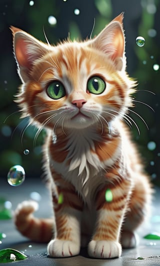 A whimsical, hand-drawn animation of a massive, adorable ginger kitten with enormous, sparkling green eyes that appear to come alive. The subject sits playfully on a pristine white background, surrounded by subtle texture, with its paws and tail animated in a fluid motion. The overall atmosphere is fantastical and dreamy.,bubbleGL