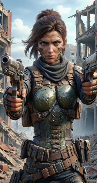 A determined woman's face, gritty close-up, eyes fixed on the horizon amidst war-torn city ruins. Her hands grasp dual pistols, one in each hand, Loukong-patterned holster at hip. Crumbling buildings, debris scattered, desolate landscape stretches out behind her.