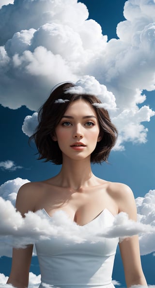  The image presents a fantastical scene featuring a woman with a cloud-like body, surrounded by a multitude of fluffy white clouds.