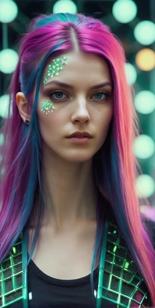 long hair of a beautiful punk woman, hot planet eyes, fashionable outfit, 3d body art in the style of nft, portrait, detailed,
 4k,HDR, cinematic lighting, abstract 5d hypercube on a realistic background, landscape from the movie "The Matrix",NYFlowerGirl