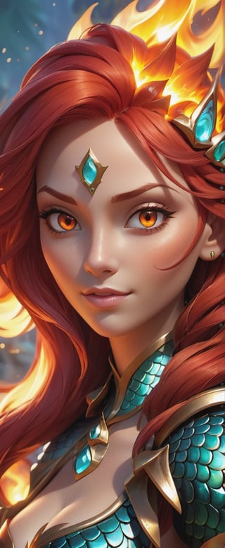 a close up of a woman with red hair, a character portrait, Artstation contest winner, fantasy art, fire elemental, wip, league of legends art style, rpg book portrait, portrait of mermaid, portrait of modern darna, closeup portrait of an mage, profile shot, rpg_portrait, liliana vess, orange glowing hair, avatar image
,3d style