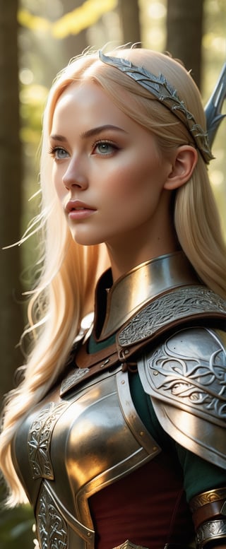 Close up photo of the Beautiful Blonde tanned female Scarlet leithold with heroic fantasy armor waiting in the Forest in the Gondor , Lord of the ring, incredible beautiful nlee007, Natalee007 ,
 Pretty nose, symmetrical face + 25mm + extremely detailed + ultra-realistic, soft shadows + photorealistic skin, ornate clothing, + 4k + uhd + 3d + octane render + cinematic,,cinematic lightning,cinematic wallpaper by Stanley Artgerm Lau,Unreal Engine 4k,trending on Artstation,cute top,full body, artgerm,romantic,very high intricate details,8k,beautiful,hyper realistic,ray tracing,epic,hyper quality,ambient lighting,hdr,hd,extreme detail,volumetric lighting, large anime eye,atmospheric lighting,medium shot,hyperrealism,dynamic lighting,dramatic,sharp focus,intense shadows
,vintagepaper