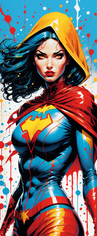 Comic Book Heroine**: A graphic illustration of a powerful girl superhero, vibrant and highly detailed.
,dripping paint