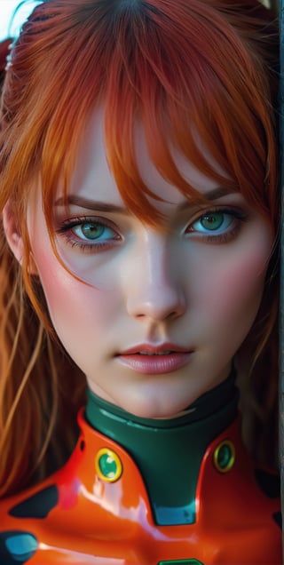 body art portrait of beautiful woman, Asuka Langley from Evangelion, post apocalyptic, charismatic looks, beautiful face, pale skin, nice hot eyes, photorealistic,maximum texture,
 Perfectionism, Cinematic Lighting, extremely detailed , Post-Production, 8K,realistic shaders effects,neon photography style