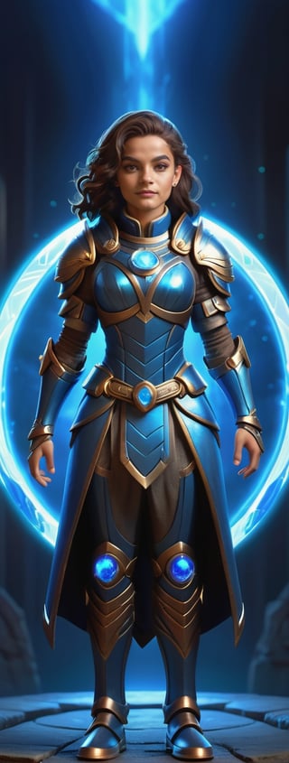 A female character in fantasy armor with glowing blue energy powers. She is standing in front of a circular portal with a glowing blue background.,FuturEvoLabBadge,mascot logo