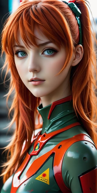 body art portrait of beautiful woman, Asuka Langley from Evangelion, post apocalyptic, charismatic looks, beautiful face, pale skin, nice hot eyes, photorealistic,maximum texture,
 Perfectionism, Cinematic Lighting, extremely detailed , Post-Production, 8K,realistic shaders effects,tshirt design