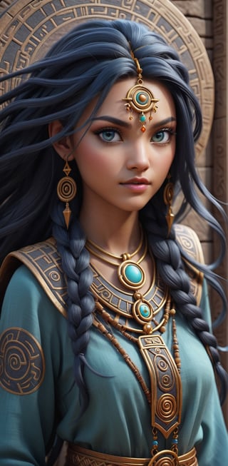 [Mystical Glyphs]: Explore the mystical journey of a female character through ancient glyphs and symbols, with her hair adorned with mystical symbols and her eyes capturing the arcane magic within the mystical glyphs.
